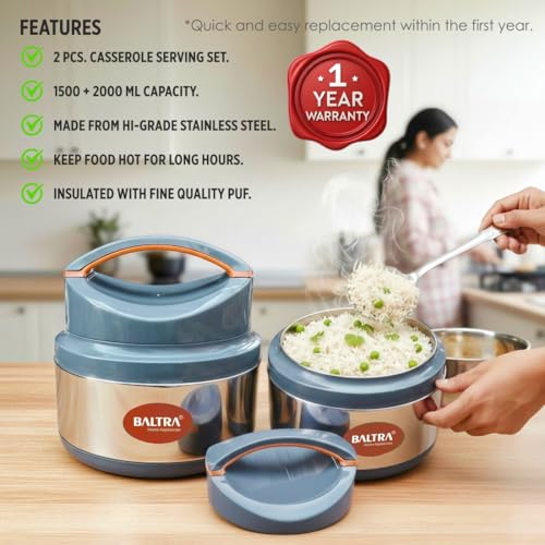 Image of BALTRA Inner Stainless Steel Thermoware Casserole Set with Lid for Roti /Chapati (1500ml, 2000ML) | Insulated Hot Pot for Hot Meal /Chapati /Curry Set /Biryani | Serving Bowl with Lid (OPERA SET OF 2)