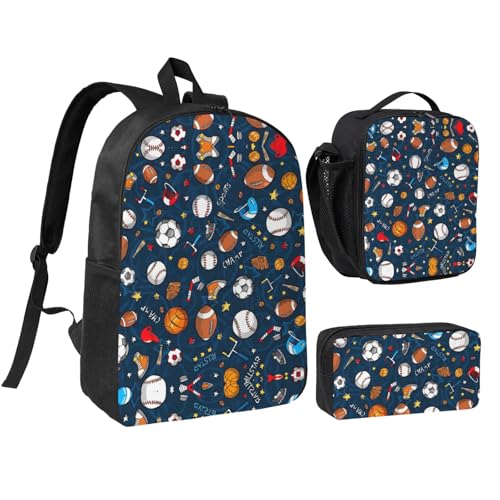 Sports Baseball Game print Shoulder Bookbags Lunch Bag and Pen Case 17 inches Backpack with Lunch Box, Cute Bookbag Set