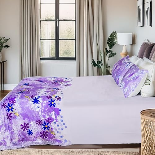 Image of Digitally Printed with Reactive Ink Tech | 300 TC 100% Organic Cotton Queen Premium Bedsheet Set | Ultra-Soft Satin-Like Finish | Floral Purple Paradise