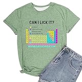 Humor científico: la camiseta combina la representación de la tabla periódica de los elementos con el dicho ambiguo can i lick it?