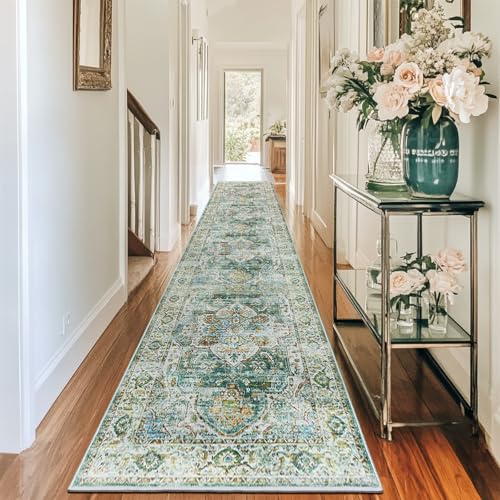 Madane Hallway Runner Rug 2x12, Extra Long Washable Runner Rugs with Rubber Backing, Non Slip Carpet Runner for Hallway, Vintage Rug Runners for Kitchen Laundry Room Entryway (Green, 2'x12')