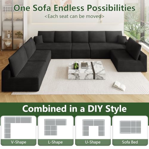 Image of Oversized Modular Sectional Sofa Couch, Large 8 Seater Corner Sofa Modern U Shaped Sectional Couch Cloud Couches for Living Room, Office, Spacious Space, Corduroy, No Assembly Required, Black