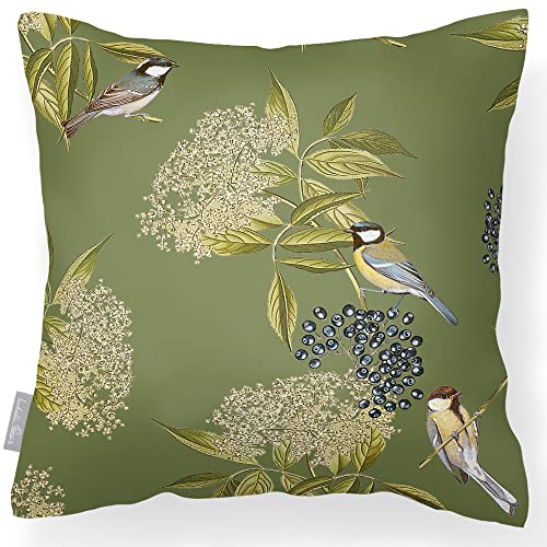 Izabela Peters Waterproof Outdoor Cushion, 43 cm, Bird on Elderflower - Sage, Garden Furniture Seat Cushions for Chairs