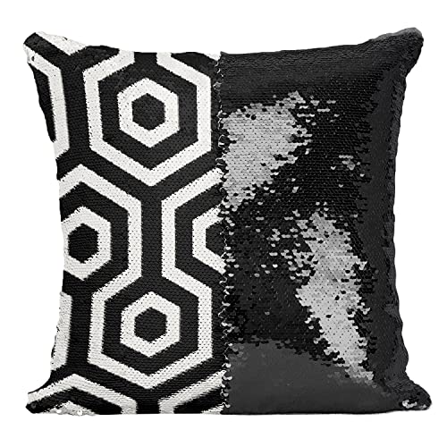 Coussin sequin paillettes noir avec motif géométrique hexagone rétro 70's