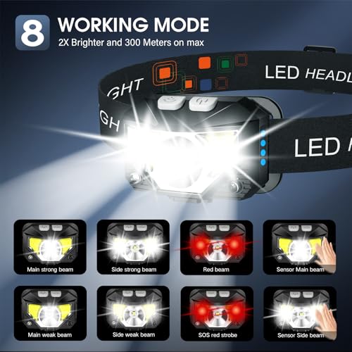 lhknl headlamp flashlight lumen ultra-light bright led rechargeable headlight with white red light 2-pack waterproof motion sensor head lamp8 modes for outdoor camping running hiking fishing