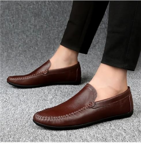 Anti-Slip Lightweight Loafers Round Toe Solid Color Leather Flat Heel Slip-On Boat Shoes2