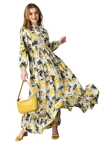 Image of KZULLY | Floral Printed Maxi Dresses for Women | Long Sleeve Beautiful Floral Patterns | Stylish and Elegant Dress | Tie Neck