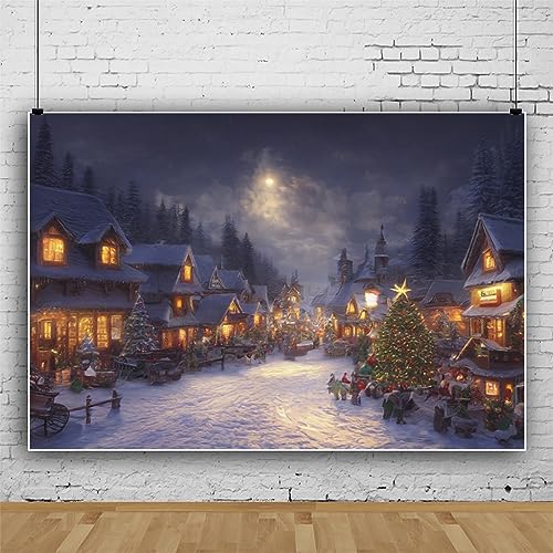 YongFoto 3x2m Christmas Backdrop Scene Fairy Winter Landscape Moon Village Snowfield Xmas Tree Colorful Photo Background for Xmas Eve Party Festival Home Poster Family Photography Supplies - Image 3