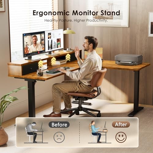 Image of Casaottima 59 Inch Electric L-Shaped Standing Desk with Drawers, Height Adjustable Stand Up Corner Desk with Monitor Stand, Lift Table for Home, Office, Workstation, Rustic Brown