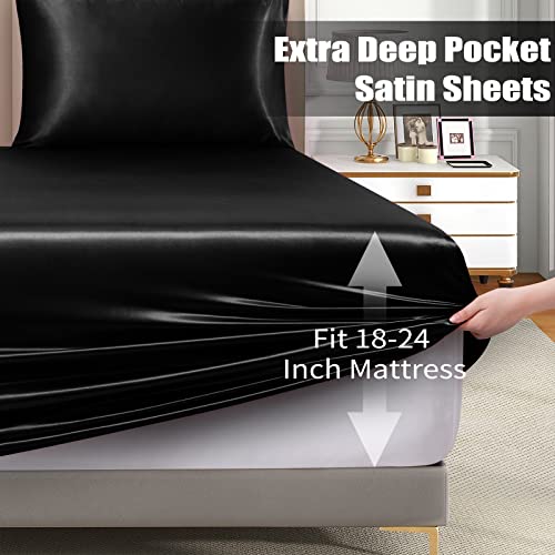 VACVELT 3pcs Extra Deep Pocket Satin Fitted Sheet Set Queen Bed Set, Black Bottom Sheet Fit 18-24 Inch Deep Pocket Mattress, Silky Bedding Set Soft & Ultra Deep Fitted Sheet & 2 Pillowcase - Image 6