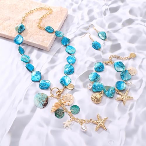 Image of Coiris Natural Seashell Choker Necklaces Earrings Jewelry Set for Women Starfish Shell Freshwater Pearl Collar Necklaces for Women Irregular Mother of Pearl Jewelry Set