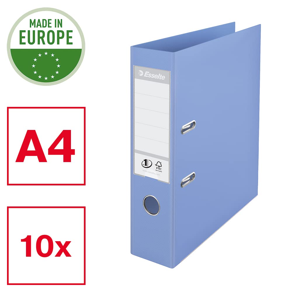 Esselte, Solea 628533 Lot de 10 classeurs à levier A4 Dos de 75 mm Capacité 500 feuilles Polypropylène Couverture en plastique Bleu
