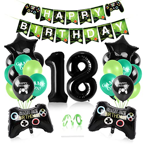 Aurasky Videospiel Luftballon 18. Geburtstag Grün, Luftballon 18. Geburtstag Junge Deko, Schwarz Grün Game Controller Ballon 18, Game Party 18 .Luftballons, Geburtstagsdeko 18 Jahr Junge Cover