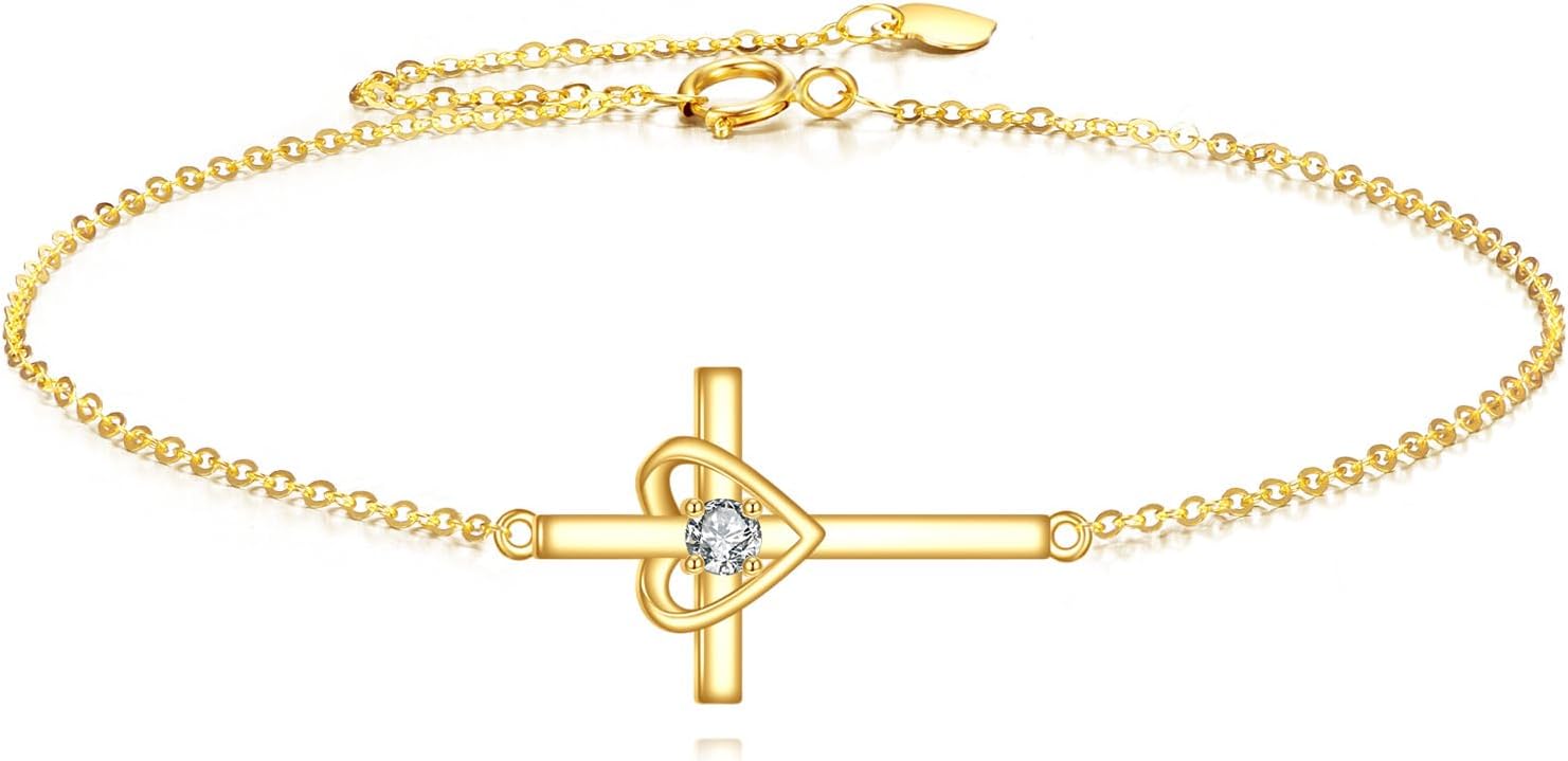 KECHO 14K Solid Gold Cross Bracelet 14K Real Gold Religious Heart Jewelry Christian Gifts for Women