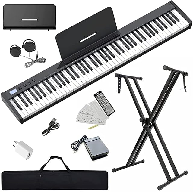 NikoMaku Piano Keyboard 88 Keys Semi-weighted Compact Portable Digital Piano Set for Beginners with Stand, Carrying Case, Sustain Pedal, Headphones, SWAN-S Black