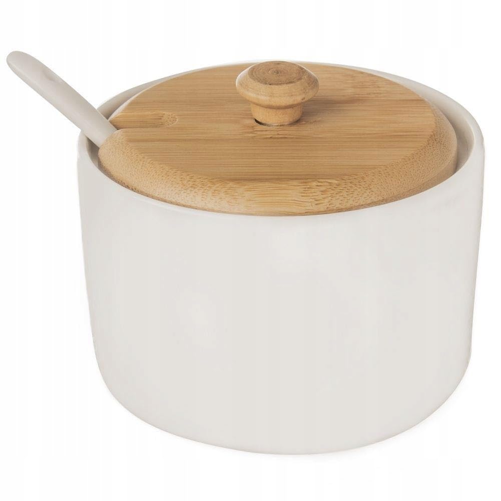orion group - Zuckerdose mit Deckel und Löffel - Höhe 6,5 cm - Weißes Porzellan und Bambusholz - Zuckerpott - Modern Zuckerbehälter - sugar container