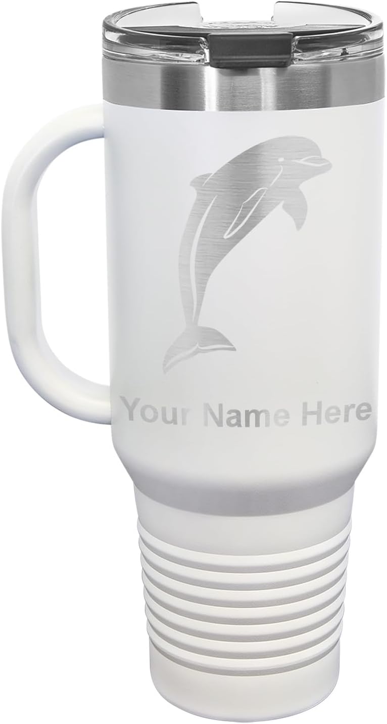 LaserGram 40oz Vacuum Insulated Travel Mug with Handle, Dolphin, Personalized Engraving Included (White)