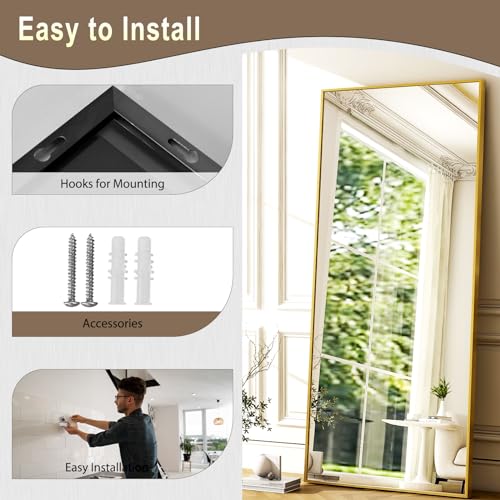 GLSLAND 68" x 24" Full Length Mirror - Rectangle Floor Mirrors Aluminum Alloy Frame Full Body Mirror for Bedroom, Living Room, Cloak Room, Gold