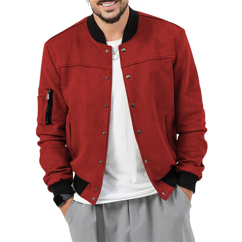 Image of Mens Faux Suede Bomber Jacket Varsity Jacket Windbreaker Vintage Casual Lightweight Leather Coats Jackets