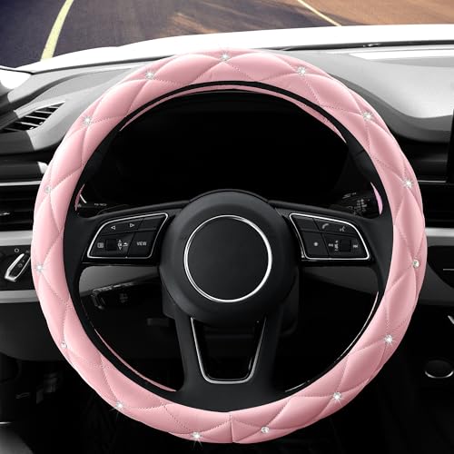 Image of YOGURTCK Cute Diamond Soft Light Pink Leather Anti-Slip Steering Wheel Cover with Bling Bling Crystal Rhinestones, Universal 15 Inch for Women Girls, Fit Vehicles, Sedans, SUVs, Vans, Trucks