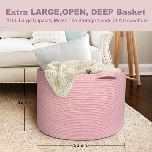 Image of MEGASKET 115L Oversized Pink Basket, 23.6 inchx15.7 inch Woven Cotton Rope Bin with Handles, XXXL Blanket Storage for Living Room, Kids Toy Storage Bin Box, Baby Laundry Basket for Organizing, Pink Room Decor