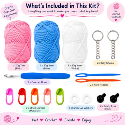 Image of Viharini Crochet Kit for Beginners with Yarn, Hooks, Stitch Markers, Knitting Needles, Eyes, Keychain, DIY Tools & Crochet Thread - Complete Crocheting Set for Adults and Kids (Pink Blue White)