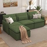L Shaped Sectional Couch, 94.5' Sectional Cloud Couch for Living Room,Fluffy Modular Sofa with Textured Corduroy,3 Seaters with Ottoman,Pet-Friendly Comfy Modern Deep Seat Sofa Set,Green