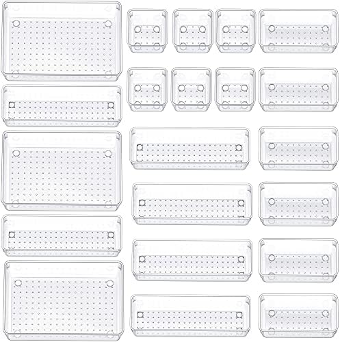 JARLINK 21 Pack Desk Drawer Organizer Trays with 4 Different Sizes, Versatile Clear Drawer Organizers Storage for Bathroom, Makeup, Bedroom, Kitchen, Office Supplies, Craft (Clear)