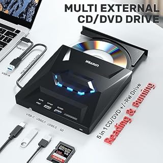 Unitek External CD DVD Drive, USB 3.0 Type-C Portable CD/DVD +/-RW Drive/DVD Player with SD Card Reader USB 3.0 USB C Hub CD ROM Burner Compatible for Laptop Desktop PC Mac Windows 11/10/8/7 Linux