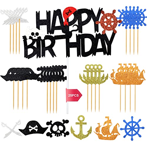 25Pcs Cake Topper With Pirate Party Pack, Sea Sailing Theme Cupcake Topper Set Cake Toppers Happy Birthday Banner Kit Party Supplies Cake Decorations For Boy Girl Kid Cake Party Decorations Gift. #TOP7