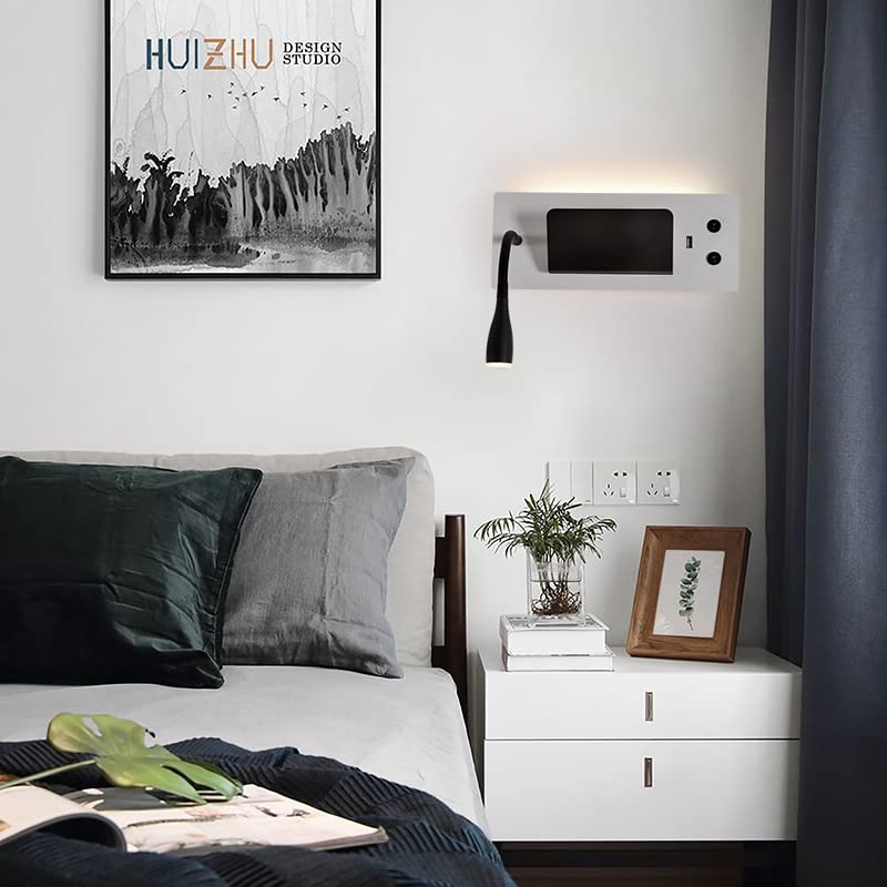 Lámpara de pared LED con puerto USB y estante integrado, aplique negro de 12W para salón 3