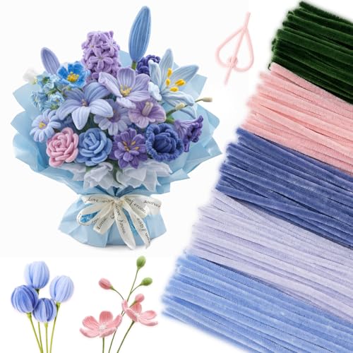 Image of Peryiter 500 Pcs Pipe Cleaners for DIY Flower Bouquets, Chenille Stems for Graduation Bouquet Crafts, Fuzzy Sticks for Handmade Flowers, DIY Gift, Art Projects(Blue & Pink & Green,12 Inch)