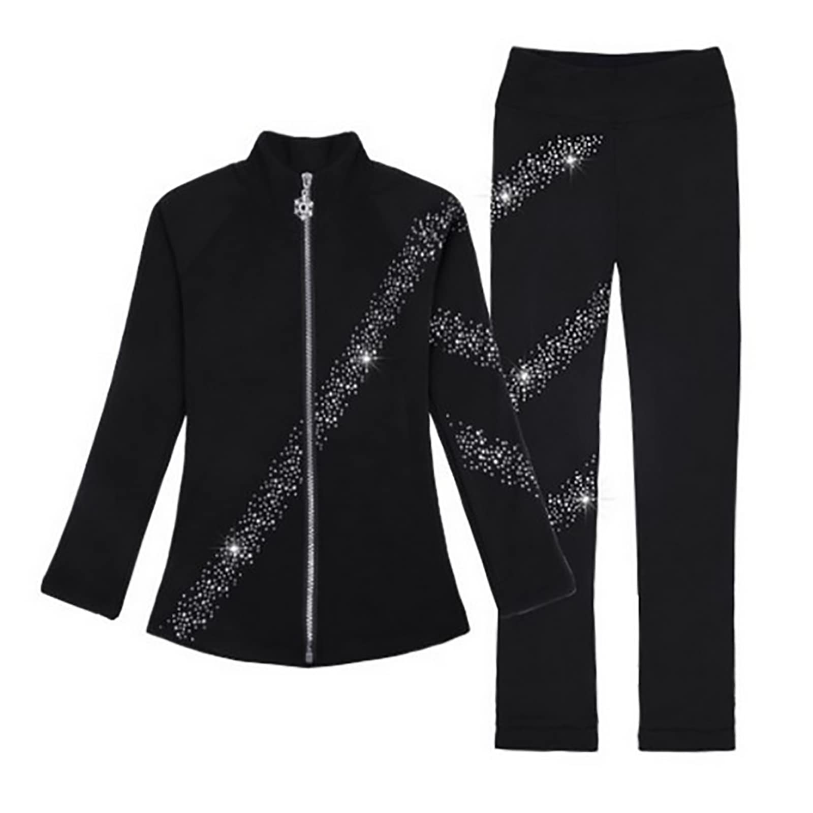 Chaqueta de Patinaje Artístico con Pantalones para Niña Mujer Entrenamiento Pantalones Largos Patinaje sobre Hielo Gimnasia con Diamantes de Imitación(Size:S.G,Color:Negro)