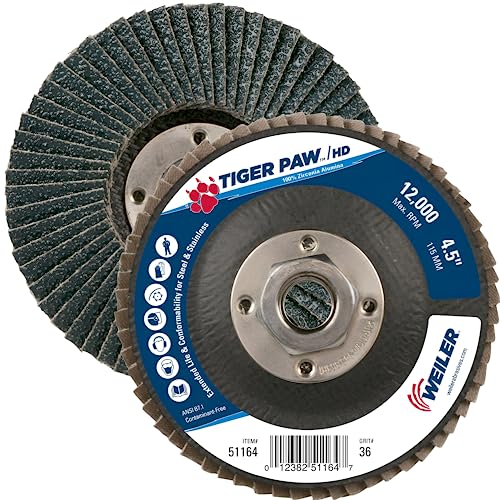 Image of Weiler 51164 Tiger Paw XHD Super High Density Abrasive Flap Disc, Type 27 Flat Style, Phenolic Backing, Zirconia Alumina, 4-1 /2 inch Diameter, 5 /8 inch-11 Arbor, 36 Grit, 12000 RPM (Pack of 10)