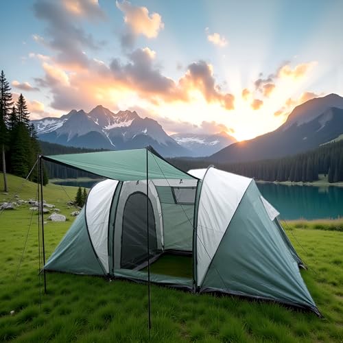 Large Camping Tent, Family Tent, 4~5 People, 177 * 87 * 71 inches, Waterproof, Mesh Roof, 2 Bedrooms and 1 Living Room, (8 Person Grmy Green+Gray)