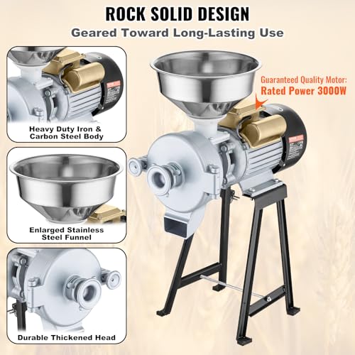 Image of VEVOR Electric Grain Mill Grinder, 3000W Spice Grinders, Commercial Corn Mill with Funnel, Thickness Adjustable Powder Machine, Heavy Duty Feed Flour Cereal Mill Wheat Grinders, Dry & Wet Grinder