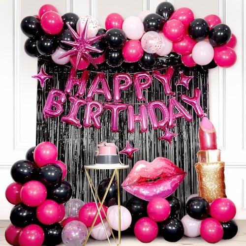 Pink & Black Birthday Decorations - Hot Pink Banner Fringe Curtains Foil Balloons for 13th 16th 21st 25th 30th 40th & 50th Birthdays