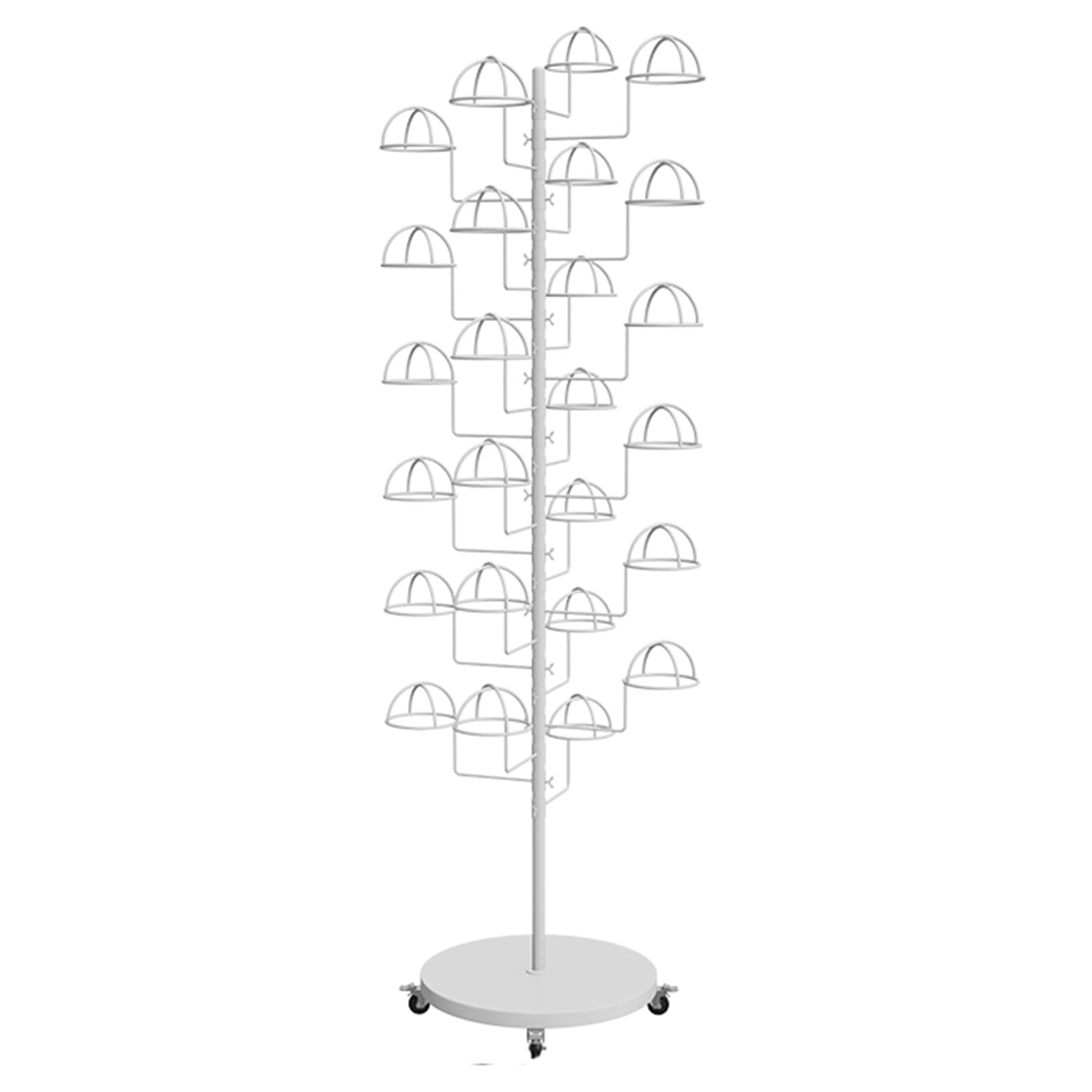 YNBSHGAA Hat Organizer Rack with Wheels, Multi-Layer Display Stand for Cowboy Hats and Wigs, Commercial Hat Tree Shelf,White-Place 25 hats