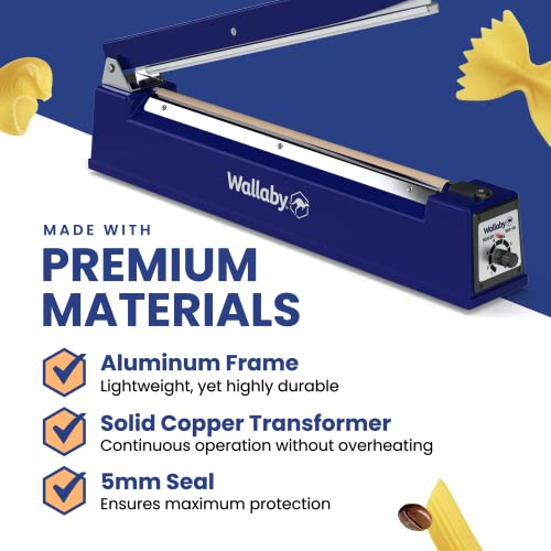 Wallaby Impulse Sealer - 16 Inch - Manual Heat Sealer Machine For Mylar Bags - Heavy Duty For Strong, Secure Sealing For Long Term Food Storage - Two Fuse & Strip Replacement Kits Included (Blue) #TOP5