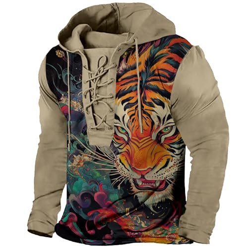 Bengbobar Mens Western Long Sleeve Hooded Sweatshirts Plus Size Aztec 3D Printed Tribal Ethnic Lace Up Pullover Hoodie Men