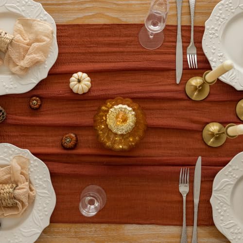 Image of 2Pcs Fall Golden Cheesecloth Table Runner 120 Inch Party Home Decor | For Thanksgiving Friendsgiving Wedding Bridal Shower Baby Shower Engagement Party Rustic Boho Autumn Home Decor