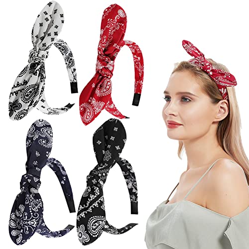Lvyeer 4 Pack Bandana Headbands For Women Bow Headbands For Women Paisley Print Bowknot Headband Rabbit Ear Headwrap Cute Hairband Hair Accessories For Women And Girls (Style1 (White, Red, Navy Blue,Black)) #TOP2