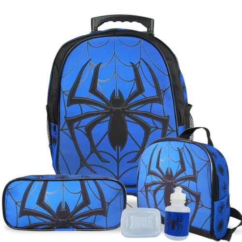 Kit Mochila Spider Man Azul Com Rodinhas Tam M com Lancheira e Estojo