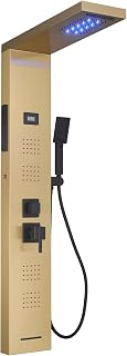 Bathfinesse Gold Shower Panel Bathroom Shower System 5-Functions with Massage Body Jet Temperature Display LED LCD, Wall Mount Brushed Gold