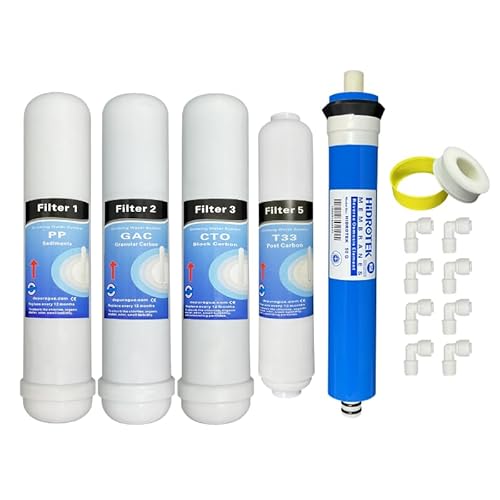 Depurtek | Kit Membrana Osmosis Inversa 50GPD y Filtros | Alta Rendimiento Compatibilidad HIDROBOX HIDROSALUD | HIdrotek NT02 N02T | Incluye Codos Rosca Rollo de Teflon, 4 Unidades, Carbono