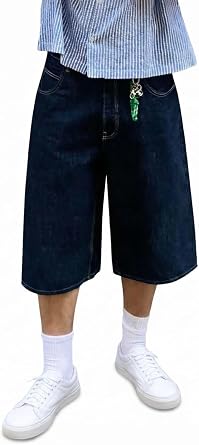 Qazel Vorrlon Mens Baggy Jean Shorts Relaxed Fit Multi-Pocket Streetwear Hip Hop Blue Jorts Y2K Denim Shorts for Men
