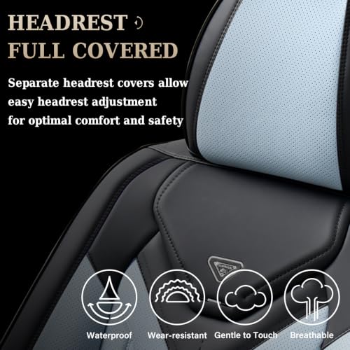 Image of Coverado Car Seat Covers Full Set, Automotive Seat Covers Car Seat Protector Car Seat Cushion, Waterproof Leather Seat Covers for Cars, Universal Fit for Most Sedan SUV Pick-up Truck(Black&Light Blue)