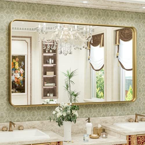 TokeShimi 48 x 30 Inch Gold Bathroom Mirror for Wall Brushed Brass Metal Rounded Corner Rectangle Mirror Wall Mirror in Aluminum Alloy Metal Frame Deep Set Design Hangs Horizontal Or Vertical