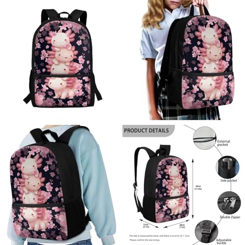 COEQINE Pink Axolotl School Backpack Set With Water Bottle Holder for Kids Girls Lightweight Customized Bookbag for Toddler Girls with Name Custom Personalized Lunchbox for Adult Work 4 Pcs3