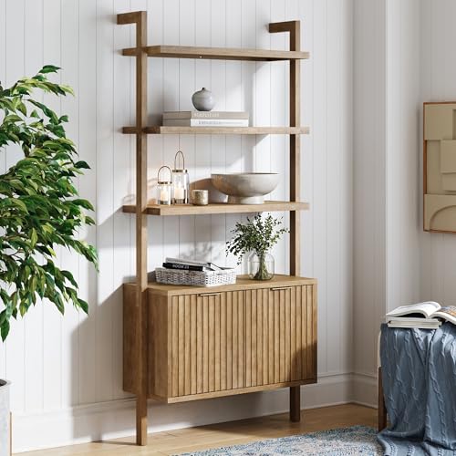 Nathan James Jasper 3-Shelf Solid Wood Boho Bookshelf Wall Mounted Bookshelf with Cabinet with Fluted Doors Light Brown